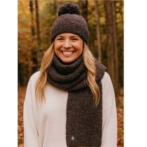 Barefoot Dreams Cozychic Pom Pom Beanie & Scarf Set Espresso CoCoa